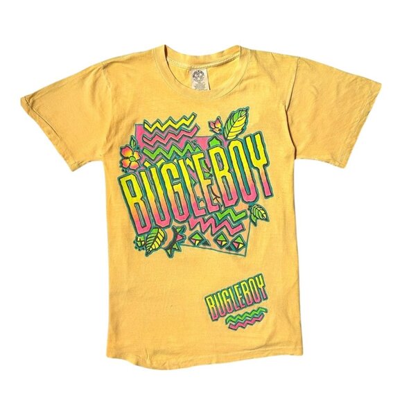 90s vintage Bugle Boy T-shirt Single Stitch Tropical Neon Pattern Sun Faded. - Picture 1 of 7
